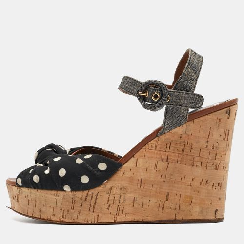 Dolce & Gabbana Black/Grey Knotted Polka Dot Fabric and Raffia Cork Wedge Ankle Strap Sandals Size 41 - Dolce & Gabbana - Modalova