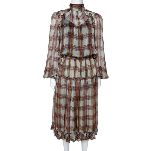 D&G Grey Plaid Print Silk Ruffled Midi Dress M - D&G - Modalova