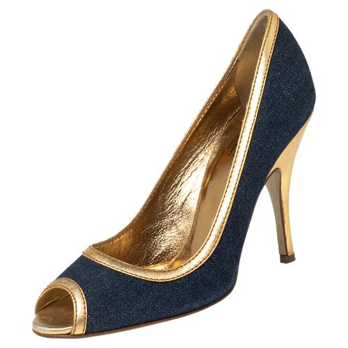 Dolce & Gabbana Blue/Gold Denim and Leather Peep Toe Pumps Size 39 - Dolce & Gabbana - Modalova