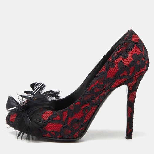 D&G Red/Black Feather and Crystal Embellished Lace and Satin Pumps Size 37.5 - D&G - Modalova