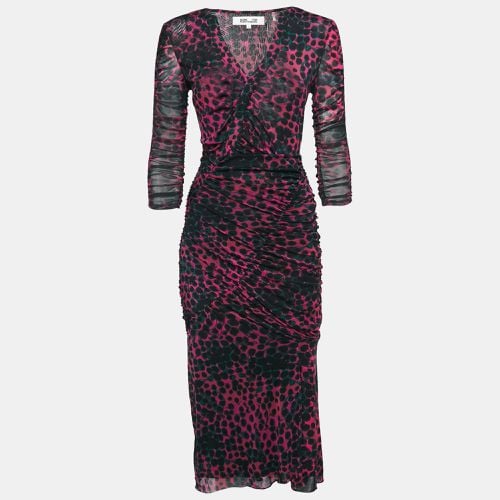 Diane Von Furstenberg Pink Leopard Print Stretch Mesh Ruched Midi Dress S - Diane Von Furstenberg - Modalova