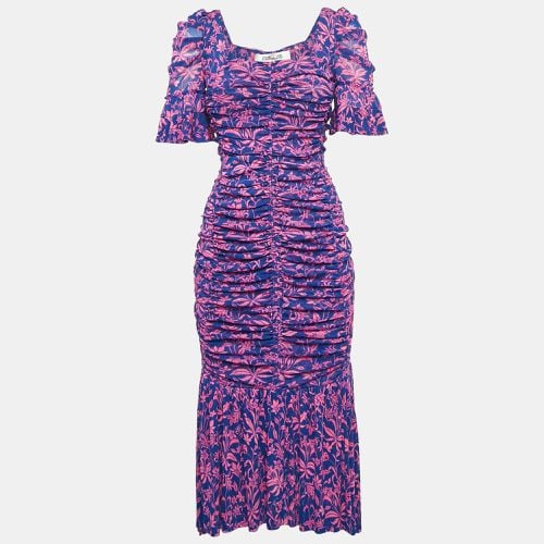 Diane Von Furstenberg Pink/Blue Floral Print Stretch Mesh Ruched Dress S - Diane Von Furstenberg - Modalova