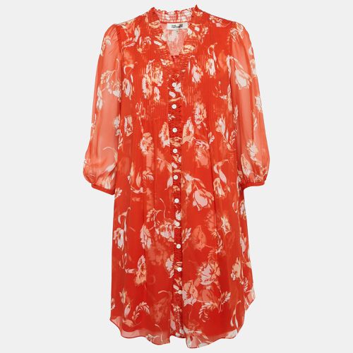 Diane Von Furstenberg Orange Floral Print Silk Button-Front Ruffled Mini Dress M - Diane Von Furstenberg - Modalova