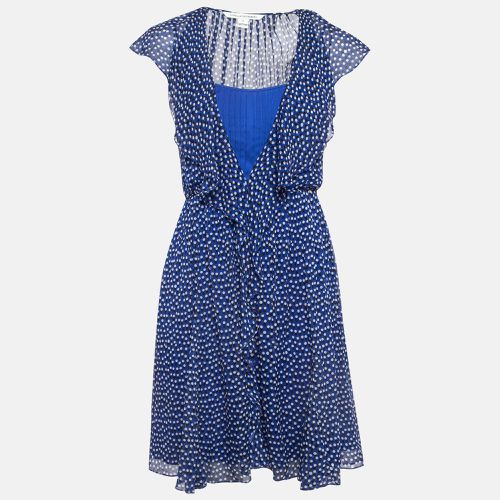 Diane Von Furstenberg Blue Printed Silk V Neck Ruffled Mini Dress XS - Diane Von Furstenberg - Modalova