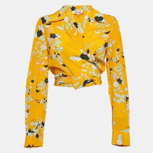 Diane Von Furstenberg Yellow Floral Print Silk Crop Wrap Shirt L - Diane Von Furstenberg - Modalova