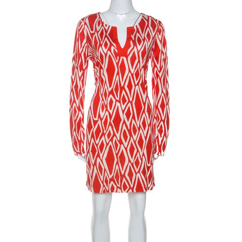 Diane Von Furstenberg Coral Red Ikat Print Silk Reina Long Sleeve Dress L - Diane Von Furstenberg - Modalova