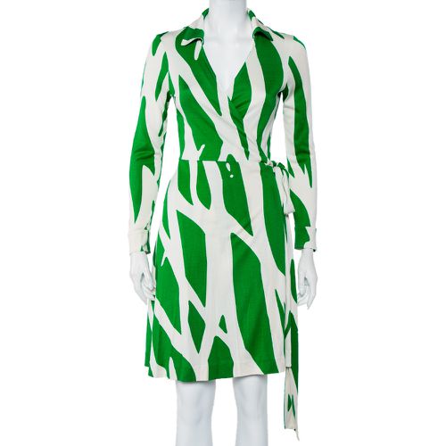 Diane Von Furstenberg Beige & Green Printed Silk Knit Collared Mini Wrap Dress L - Diane Von Furstenberg - Modalova