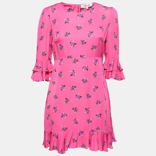 Diane Von Furstenberg Pink Floral All-Over Motif Crepe Ruffle Detail Mini Dress S - Diane Von Furstenberg - Modalova