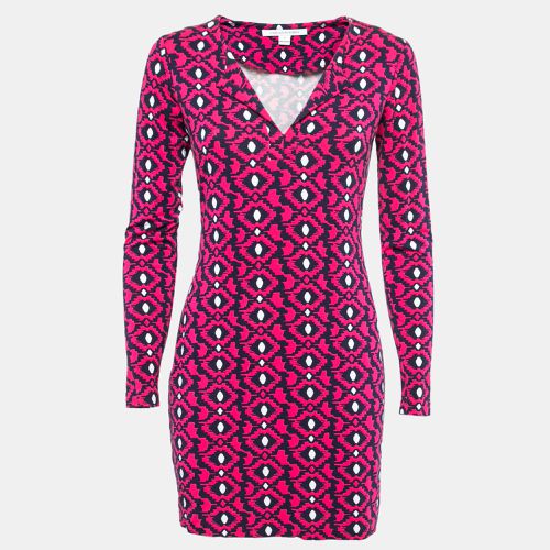 Diane Von Furstenberg Pink/navy Blue Printed Knit Full Sleeve Mini Dress S - Diane Von Furstenberg - Modalova