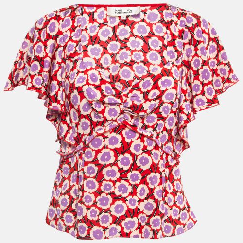 Diane Von Furstenberg Red Floral Print Silk Ruffled De Chine Top M - Diane Von Furstenberg - Modalova