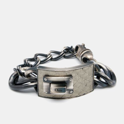 Dior Aged Silver Tone Leather Plaque Chunky Chain Link Bracelet - Dior - Modalova