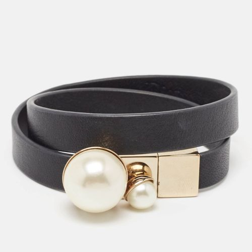 Christian Dior Mise En Dior Black Leather Faux Pearl Gold Tone Double Wrap Bracelet S - Dior - Modalova