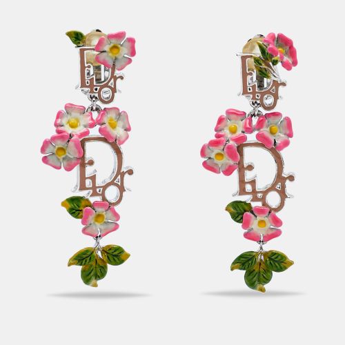 Dior Multicolor Enamel Flower Logo Silver Tone Clip On Earrings - Dior - Modalova