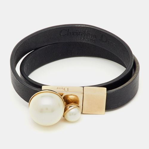 Christian Dior Mise En Dior Black Leather Faux Pearl Gold Tone Double Wrap Bracelet S - Dior - Modalova