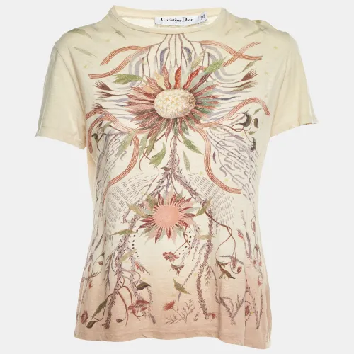 Dior Pale Yellow Flower Print Cotton & Linen Crew Neck T-Shirt S - Dior - Modalova