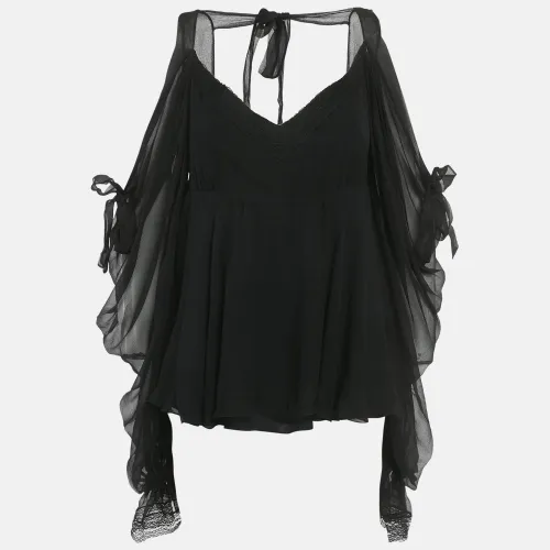 Christian Dior Black Silk Lace Trim Tie -Up Blouse M - Dior - Modalova