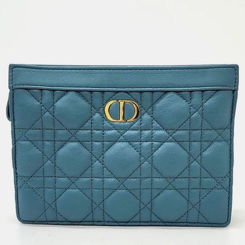 Christian Dior Cloud Blue Calfskin Cannage Caro Zipped Pouch With Chain - Dior - Modalova