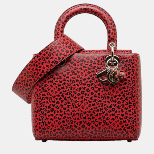 Dior Red/Black Leather Leopard Print Medium Lady Dior Top Handle Bag - Dior - Modalova