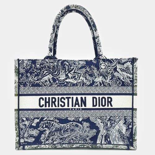 Christian Dior Ecru/Navy Embroidered Canvas Medium Book Tote Bag - Dior - Modalova