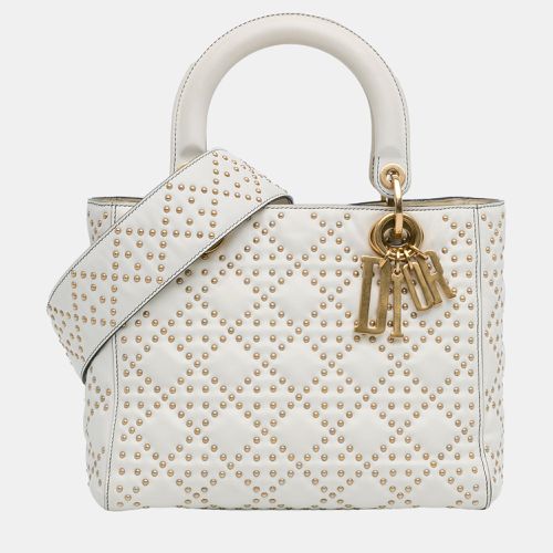 Dior White Lambskin Leather Medium Cannage Studded Supple Lady Dior Tote Bag - Dior - Modalova