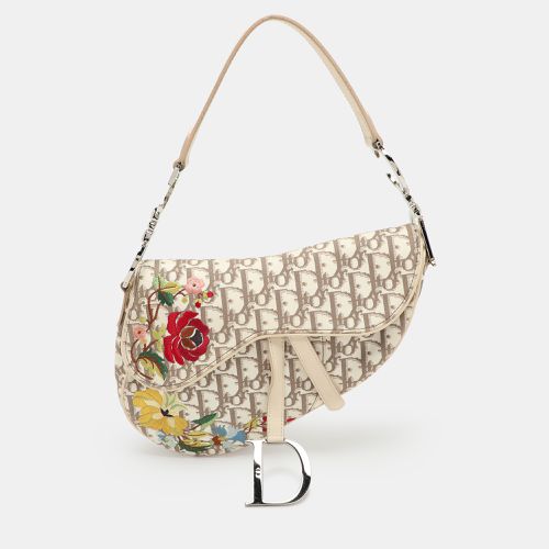 Dior Beige/White Oblique Canvas and Leather Floral Embroidered Saddle Shoulder Bag - Dior - Modalova