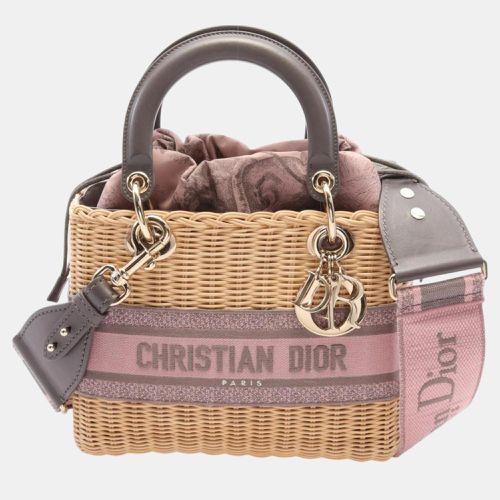 Christian Canvas Leather Straw Pink Grey Lady Handbag - Dior - Modalova