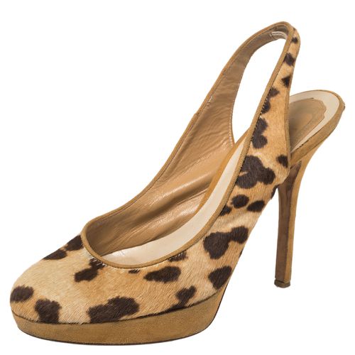 Dior Brown/Beige Leopard Print Calf Hair And Suede Slingback Platform Pumps Size 37 - Dior - Modalova