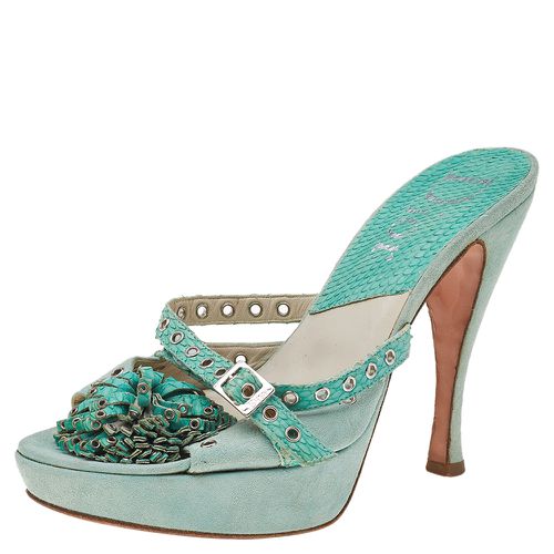 Dior Aqua Green Suede And Python Embossed Leather Eyelet Detail Platform Slide Sandals Size 39 - Dior - Modalova