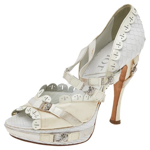 Dior White/Cream Python And Patent Leather Ankle Strap Sandals Size 36.5 - Dior - Modalova