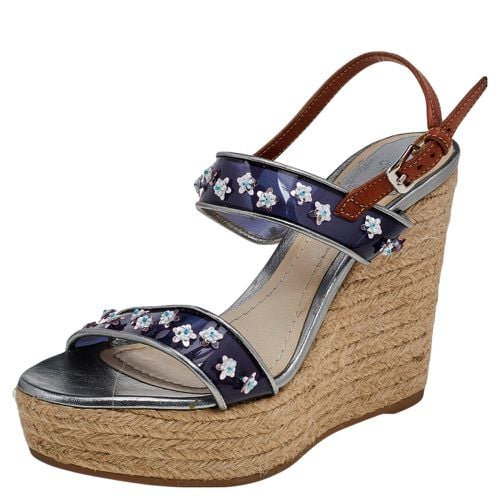 Dior Blue/Brown PVC And Leather Flower Embellished Wedge Platform Espadrille Sandals Size 38.5 - Dior - Modalova