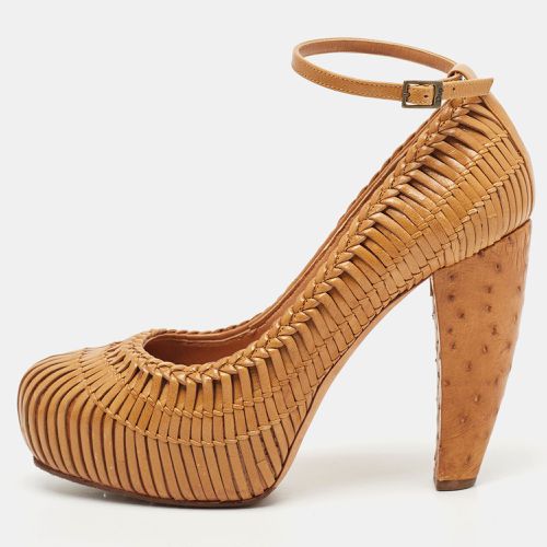 Dior Brown Woven Leather and Ostrich Basketweave Platform Ankle Strap Pumps Size 36 - Dior - Modalova