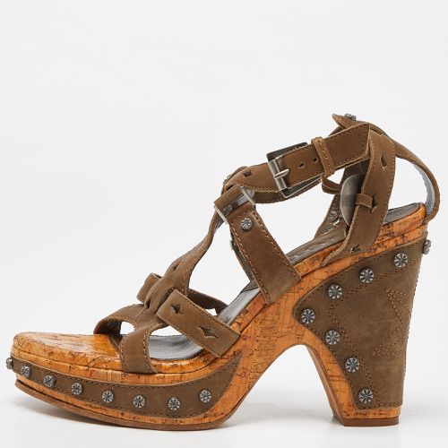 Dior Olive Green Leather Studded Cork Wedge Ankle Strap Sandals Size 37 - Dior - Modalova