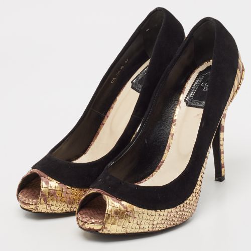 Gold Python Embossed Leather and Suede Peep Toe Pumps Size 37 - Dior - Modalova