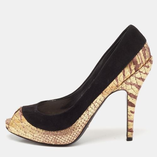 Gold Python Embossed Leather and Suede Peep Toe Pumps Size 37 - Dior - Modalova