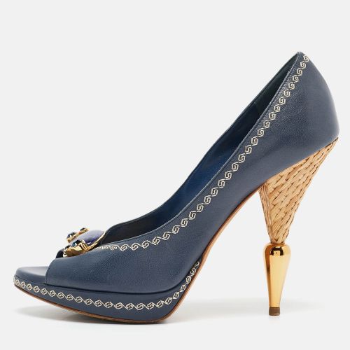 Dior Navy Blue Leather Peep Toe Raffia Heel Pumps Size 38.5 - Dior - Modalova