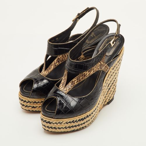 Size 40 /Beige Croc Embossed Leather and Python Woven Raffia Wedge Sandals - Dior - Modalova