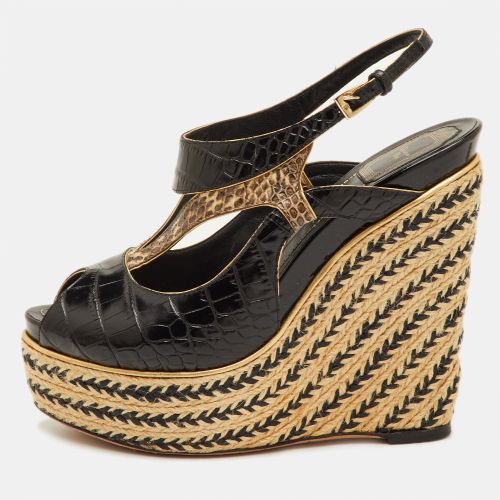 Size 40 /Beige Croc Embossed Leather and Python Woven Raffia Wedge Sandals - Dior - Modalova