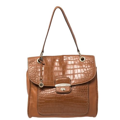 DKNY Brown Croc Embossed and Leather Turnlock Flap Top Handle Bag - Dkny - Modalova