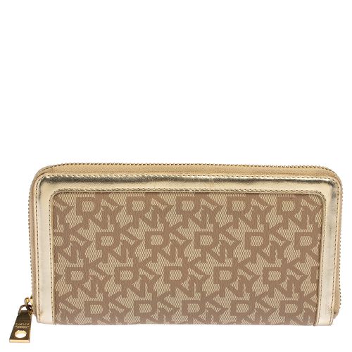 DKNY Beige Signature Coated Canvas and Leather Zip Around Wallet - Dkny - Modalova