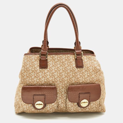 Brown Monogram Canvas and Croc Embossed Leather Turnlock Pocket Bag - Dkny - Modalova