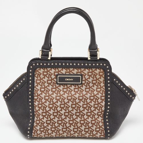 DKNY Beige/Black Signature Canvas and Leather Studded Satchel - Dkny - Modalova