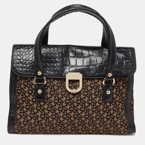 DKNY Black/Brown Monogram Canvas and Croc Embossed Leather Turnlock Flap Tote - Dkny - Modalova