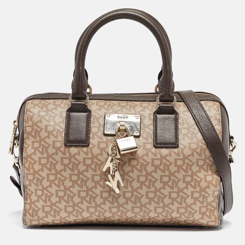 DKNY Brown/Beige Monogram Coated Canvas and Leather Lock Charm Boston Bag - Dkny - Modalova