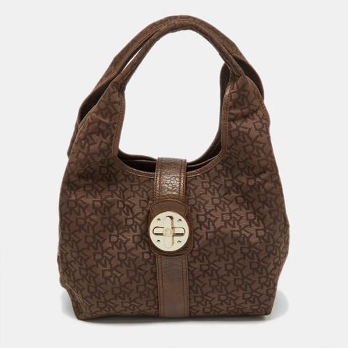 Dkny Brown Signature Canvas and Croc Embossed Leather Push Lock Hobo - Dkny - Modalova