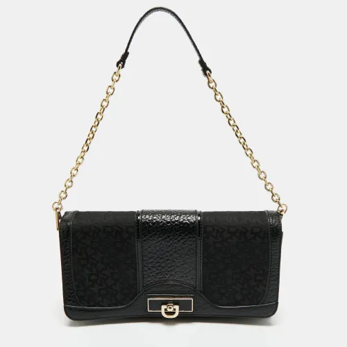 DKNY Black Signature Fabric and Leather Flap Chain Shoulder Bag - Dkny - Modalova
