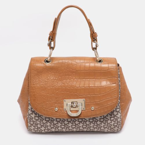 DKNY Beige/Tan Canvas and Croc Embossed Leather Top Handle Bag - Dkny - Modalova
