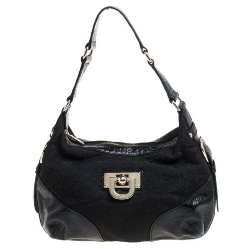 Dkny Black Signature Canvas and Croc Embossed Leather Buckle Hobo - Dkny - Modalova