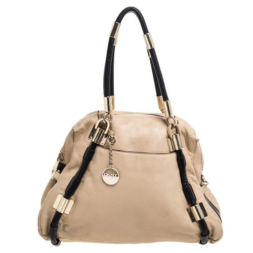 DKNY Beige/Black Leather Metal Detail Satchel - Dkny - Modalova