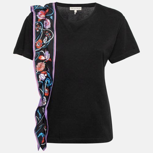 Emilio Pucci Black Floral Print Silk Frill Jersey T-Shirt S - Emilio Pucci - Modalova