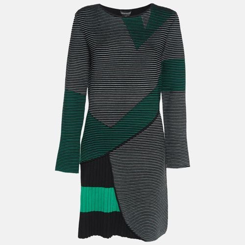 Emporio Armani Black Stripes Rib Knit Pleated Shift Dress M - Emporio Armani - Modalova